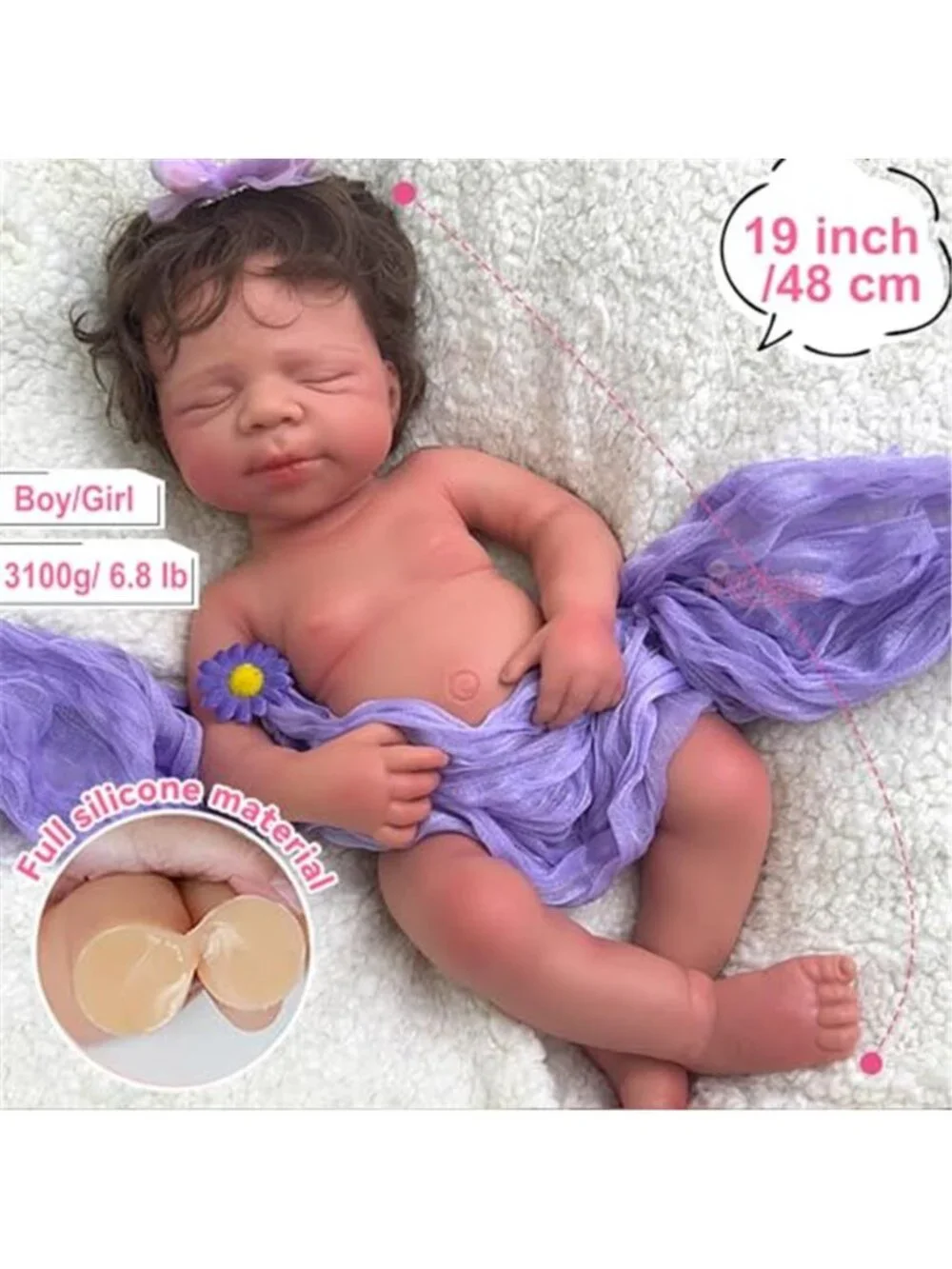 19 Inch Reborn Baby Doll Open Mouth Solid Silicone Weighted 6.7 lbs Rooted Hair